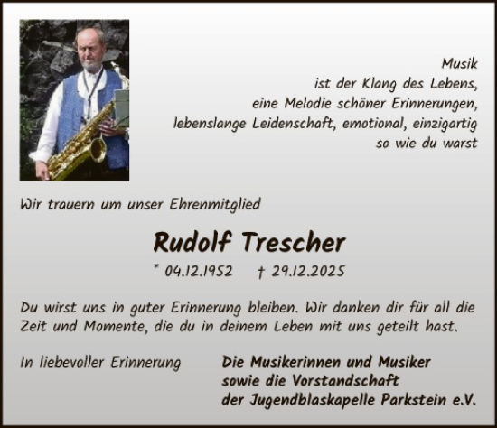 Traueranzeige von Rudolf Trescher von Hauptausgabe Weiden
