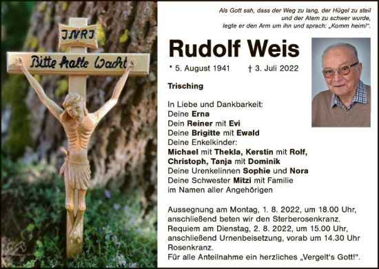 Traueranzeige von Rudolf Weis von Landkreis Schwandorf