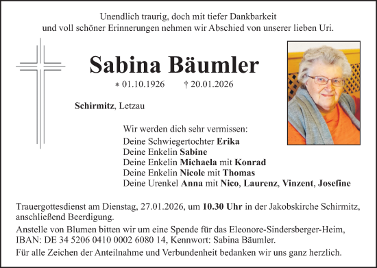 Traueranzeige von Sabina Bäumler von Hauptausgabe Weiden