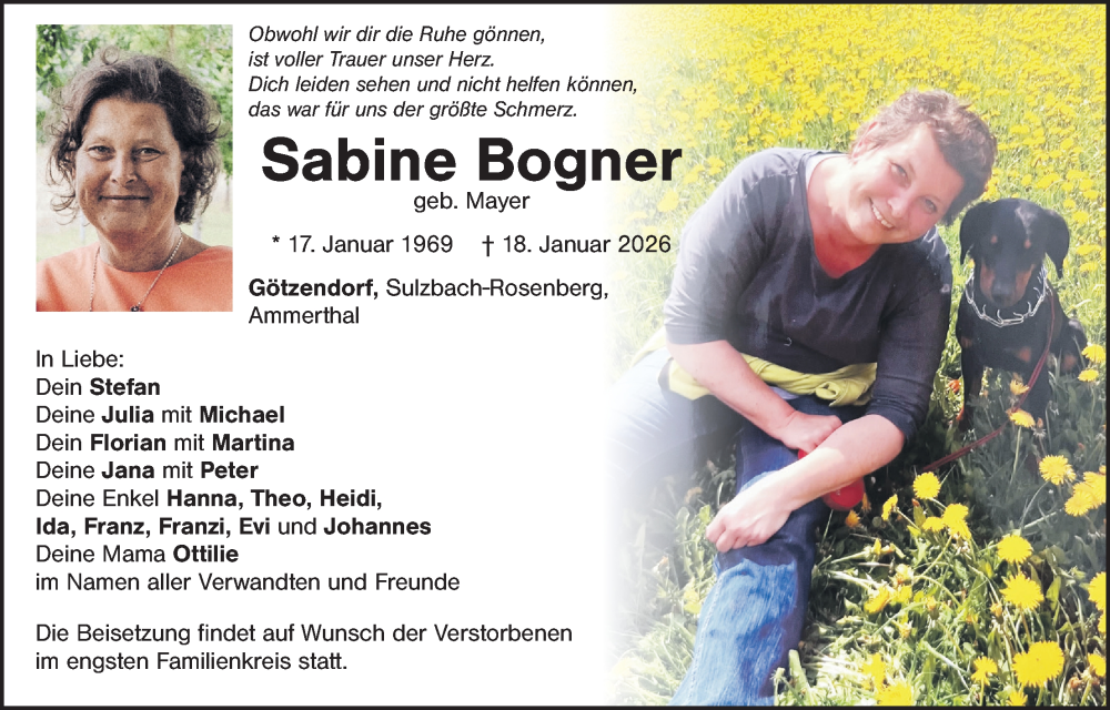  Traueranzeige für Sabine Bogner vom 24.01.2026 aus Hauptausgabe Amberg