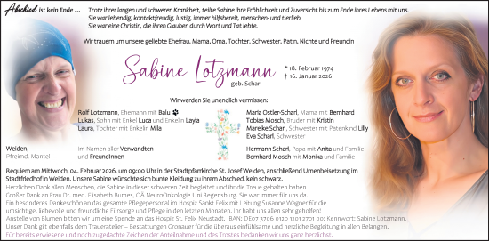 Traueranzeige von Sabine Lotzmann von Hauptausgabe Weiden