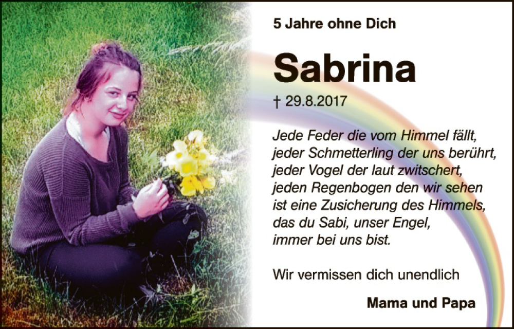 Traueranzeige für Sabrina  vom 29.08.2022 aus Gesamtausgabe