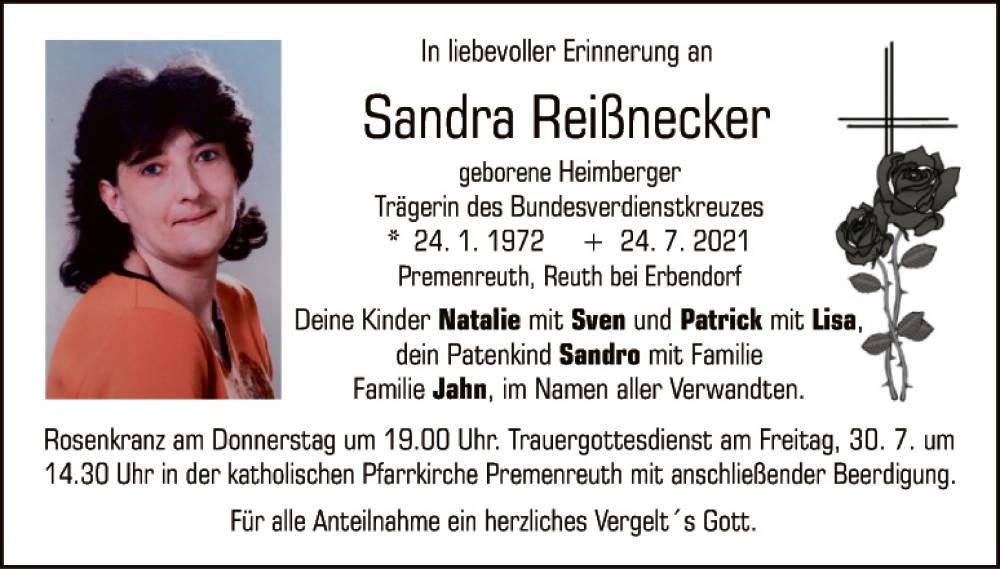  Traueranzeige für Sandra Reißnecker vom 28.07.2021 aus Tirschenreuth + Eschenbach - Kemnath - Erbendorf