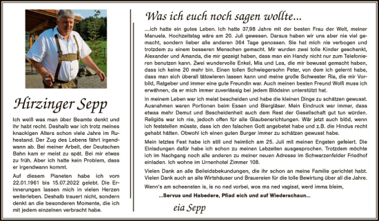 Traueranzeige von Sepp Hirzinger von Landkreis Schwandorf