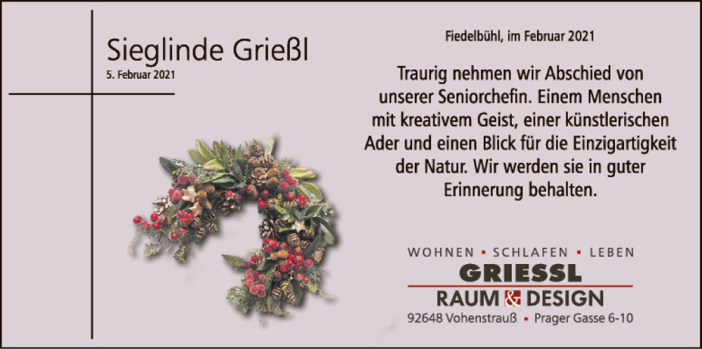  Traueranzeige für Sieglinde Grießl vom 10.02.2021 aus Hauptausgabe Weiden