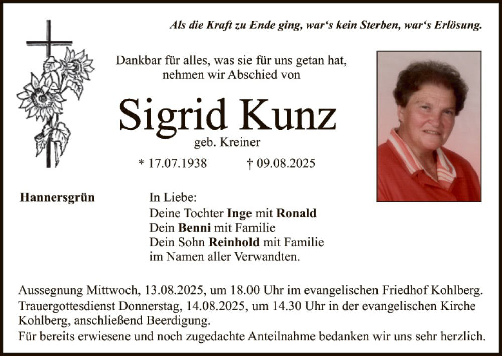  Traueranzeige für Sigrid Kunz vom 12.08.2025 aus Hauptausgabe Weiden
