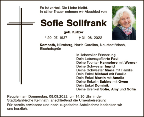 Traueranzeige von Sofie Sollfrank von Tirschenreuth + Eschenbach - Kemnath - Erbendorf