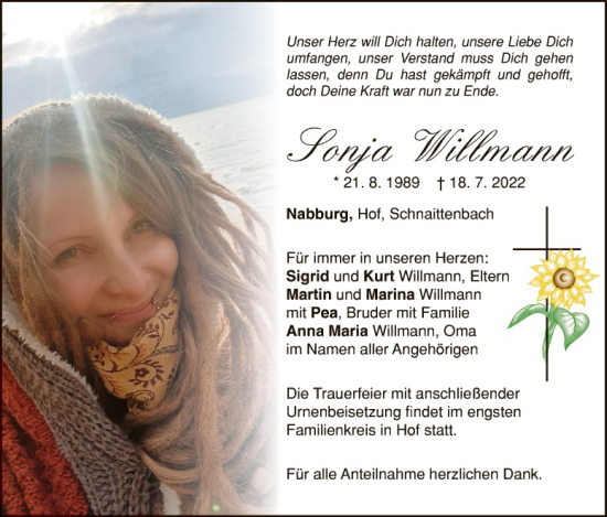Traueranzeige von Sonja Willmann von Landkreis Schwandorf