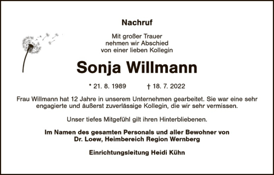 Traueranzeige von Sonja Willmann von Landkreis Schwandorf