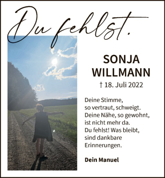 Traueranzeige von Sonja Willmann von Landkreis Schwandorf