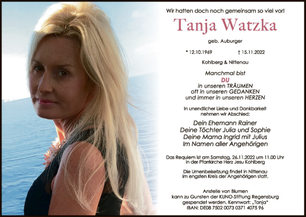  Traueranzeige für Tanja Watzke vom 19.11.2022 aus Hauptausgabe Weiden