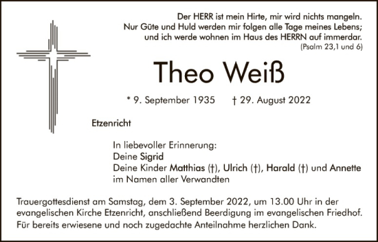 Traueranzeige von Theo Weiß von Hauptausgabe Weiden
