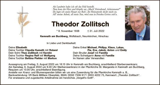Traueranzeige von Theodor Zollitsch von Amberger Zeitung / Sulzbach - Rosenberger Zeitung + Landkreis Schwandorf