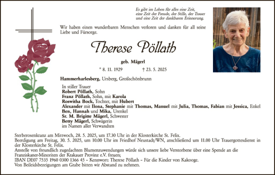 Traueranzeige von Therese Pöllath von Hauptausgabe Weiden