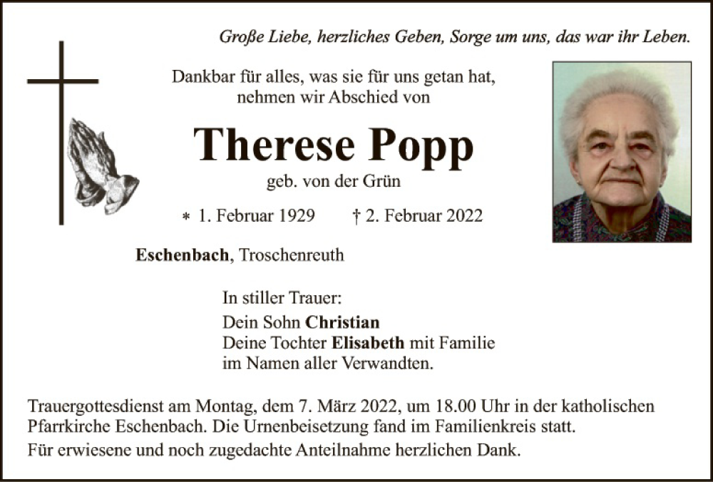  Traueranzeige für Therese Popp vom 04.03.2022 aus Eschenbach - Kemnath - Erbendorf + Sulzbach - Rosenberger Zeitung
