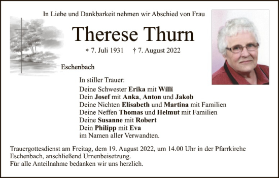 Traueranzeige von Therese Thurn von Tirschenreuth + Eschenbach - Kemnath - Erbendorf
