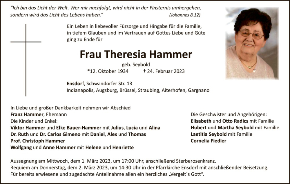 Traueranzeige für Theresia Hammer vom 28.02.2023 aus Hauptausgabe Amberg