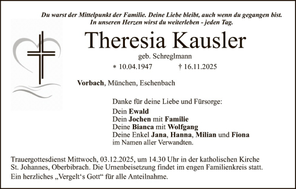  Traueranzeige für Theresia Kausler vom 29.11.2025 aus Tirschenreuth + Eschenbach - Kemnath - Erbendorf