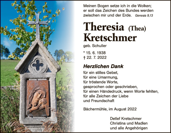 Traueranzeige von Theresia Kretschmer von Tirschenreuth + Eschenbach - Kemnath - Erbendorf
