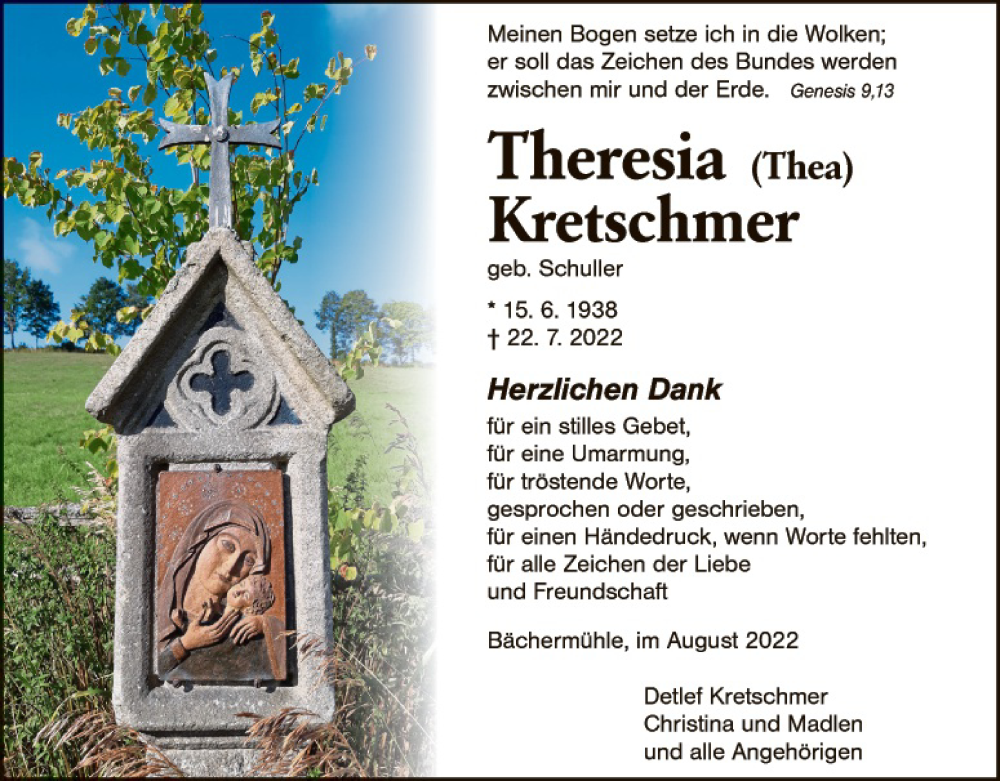  Traueranzeige für Theresia Kretschmer vom 18.08.2022 aus Tirschenreuth + Eschenbach - Kemnath - Erbendorf