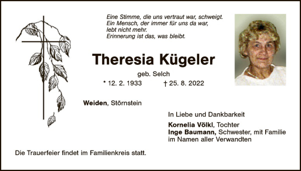  Traueranzeige für Theresia Kügeler vom 31.08.2022 aus Hauptausgabe Weiden