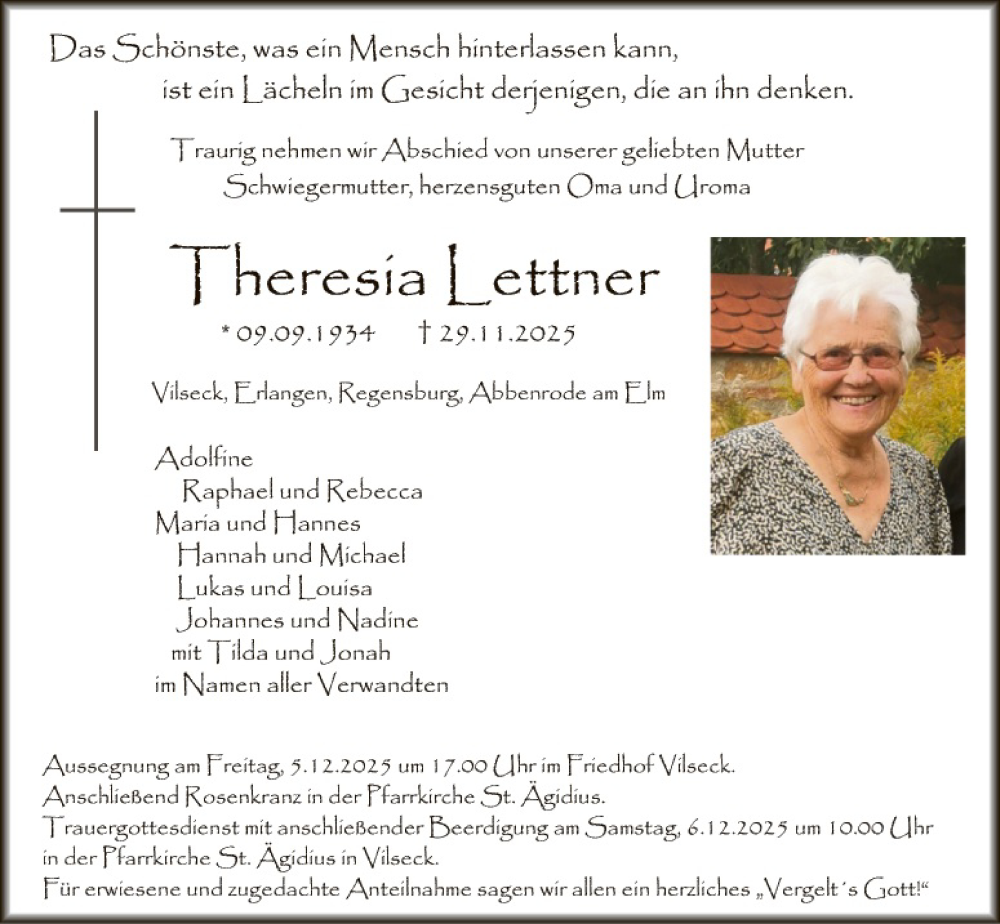  Traueranzeige für Theresia Lettner vom 03.12.2025 aus Hauptausgabe Amberg