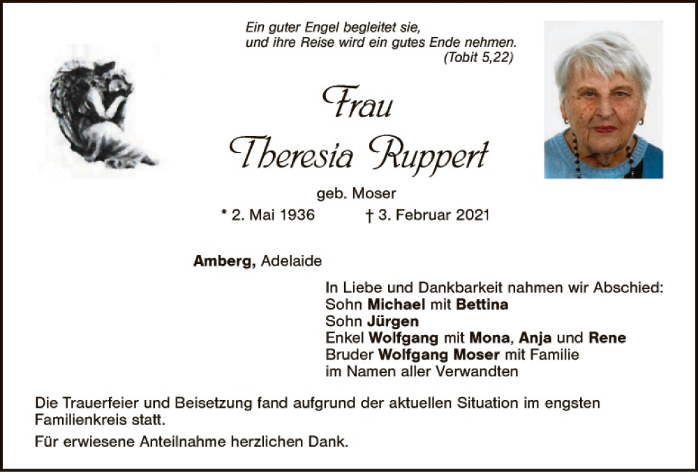  Traueranzeige für Theresia Ruppert vom 10.02.2021 aus Hauptausgabe Amberg