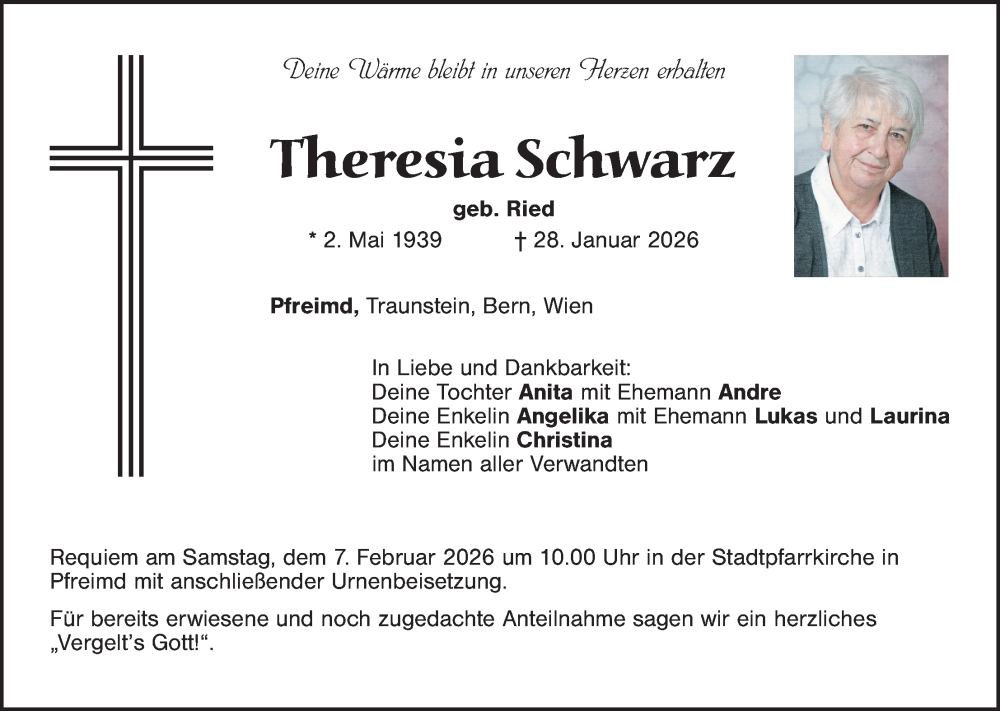  Traueranzeige für Theresia Schwarz vom 31.01.2026 aus Landkreis Schwandorf