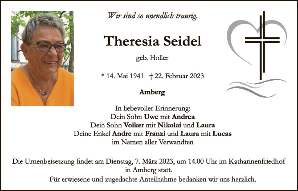  Traueranzeige für Theresia Seidel vom 04.03.2023 aus Hauptausgabe Amberg
