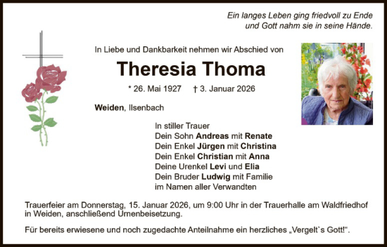Traueranzeige von Theresia Thoma von Hauptausgabe Weiden