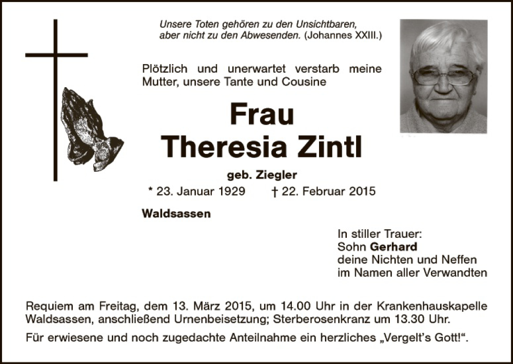  Traueranzeige für Theresia Zintl vom 11.03.2015 aus Tirschenreuth + Eschenbach - Kemnath - Erbendorf
