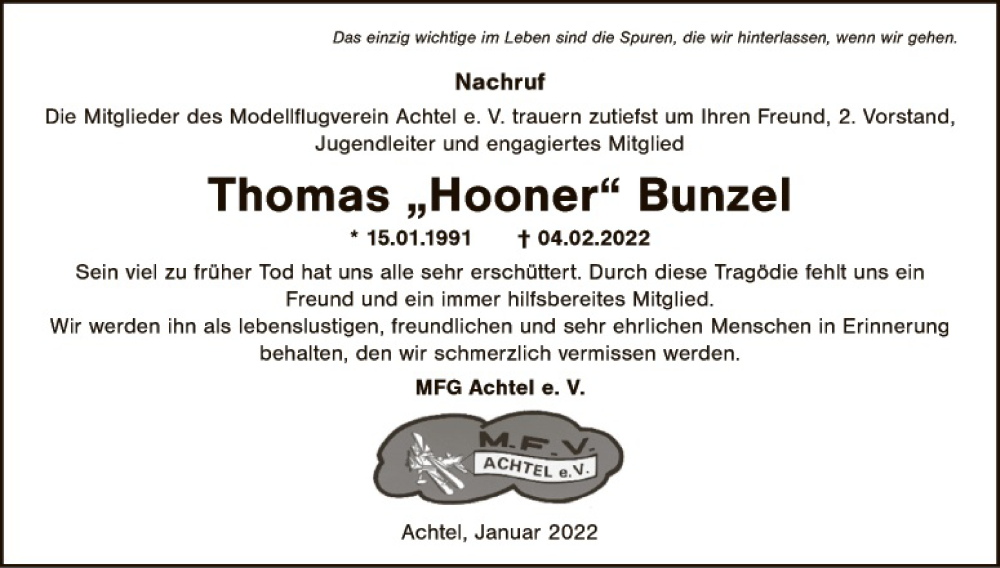  Traueranzeige für Thomas Bunzel vom 11.02.2022 aus Hauptausgabe Amberg