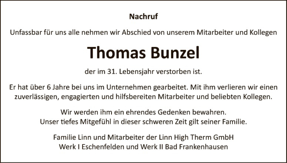  Traueranzeige für Thomas Bunzel vom 10.02.2022 aus Hauptausgabe Amberg