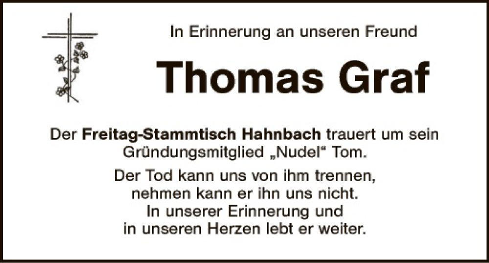  Traueranzeige für Thomas Graf vom 19.03.2022 aus Hauptausgabe Amberg