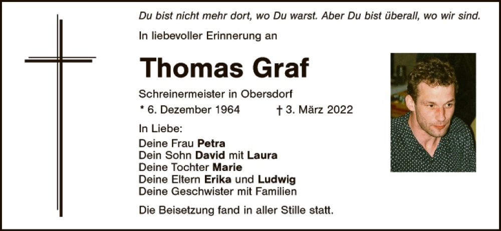  Traueranzeige für Thomas Graf vom 19.03.2022 aus Hauptausgabe Amberg