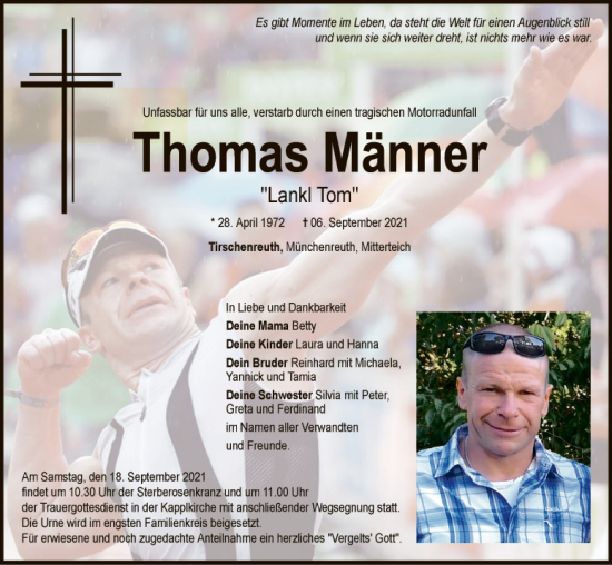 Traueranzeige von Thomas Männer von Tirschenreuth + Eschenbach - Kemnath - Erbendorf