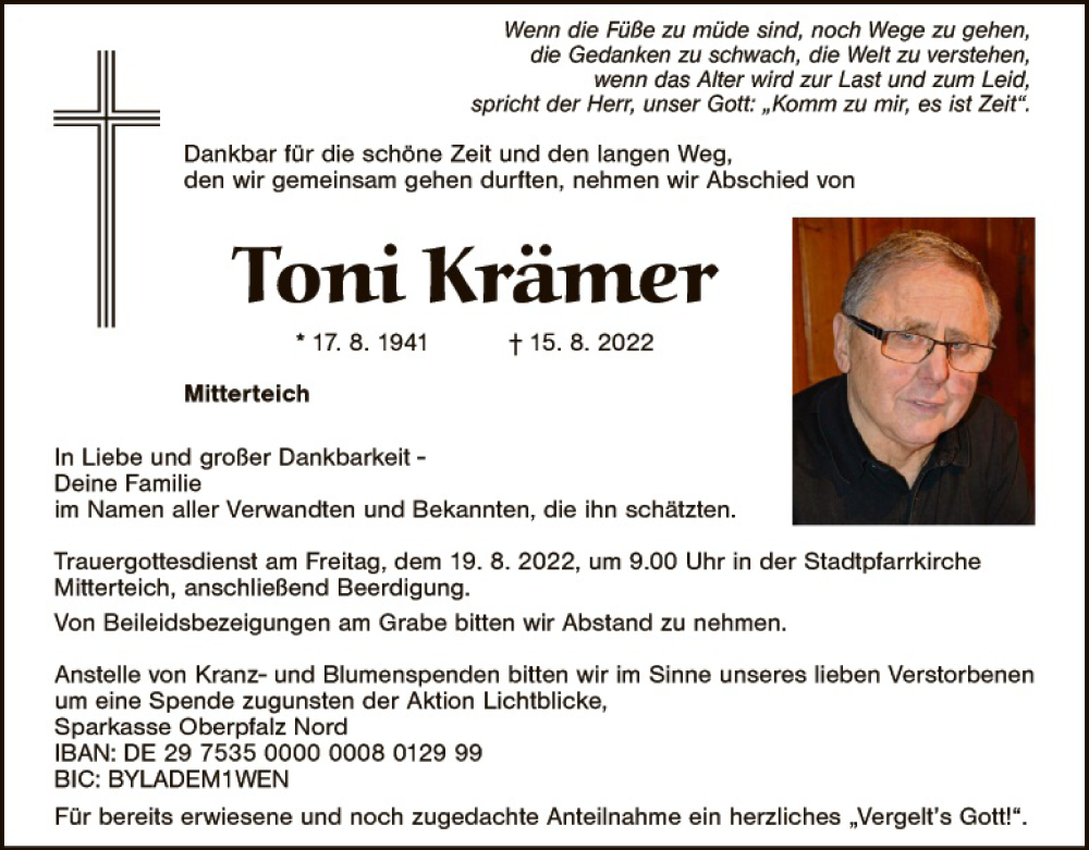  Traueranzeige für Toni Krämer vom 17.08.2022 aus Tirschenreuth + Eschenbach - Kemnath - Erbendorf