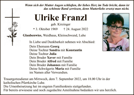 Traueranzeige von Ulrike Franzl von Hauptausgabe Weiden