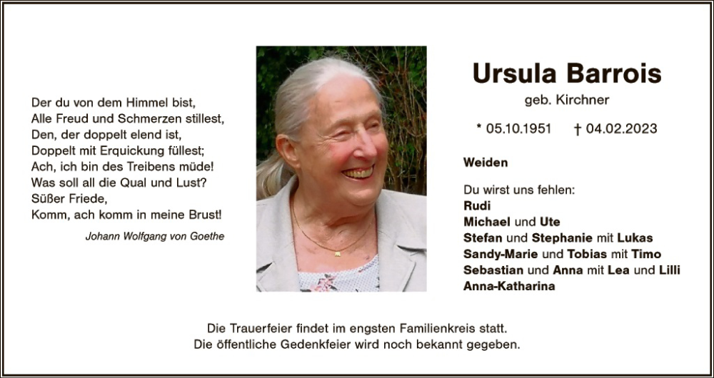  Traueranzeige für Ursula Barrois vom 11.02.2023 aus Hauptausgabe Weiden