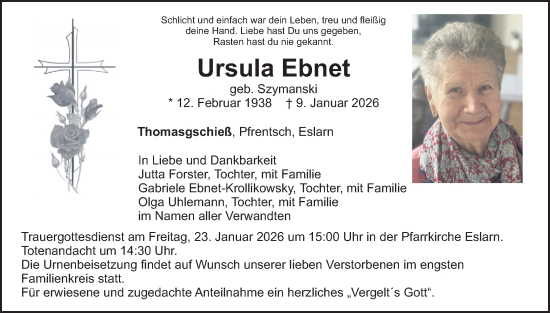 Traueranzeige von Ursula Ebnet von Landkreis Schwandorf und Vohenstrauß