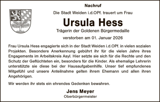 Traueranzeige von Ursula Hess von Hauptausgabe Weiden