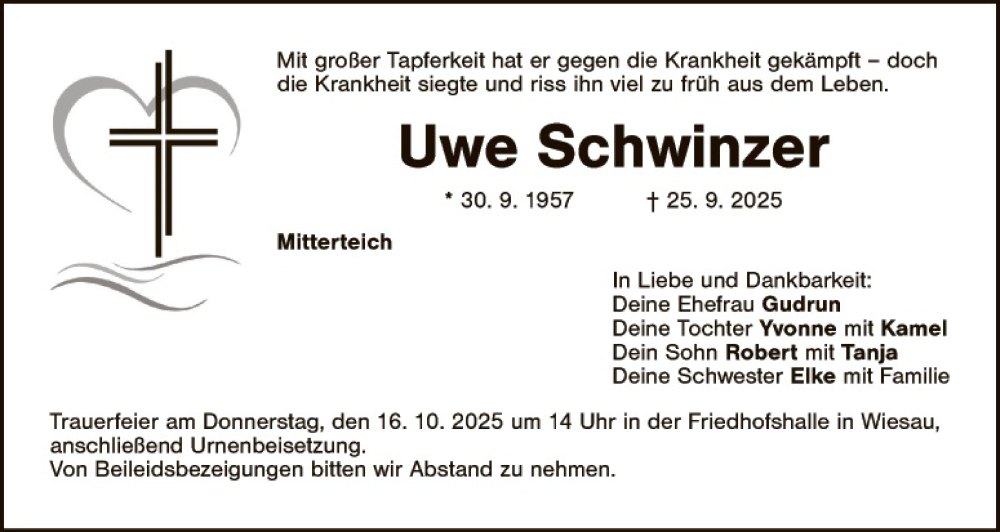  Traueranzeige für Uwe Schwinzer vom 11.10.2025 aus Tirschenreuth + Eschenbach - Kemnath - Erbendorf