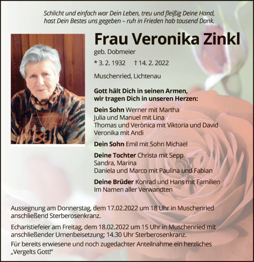  Traueranzeige für Veronika Zinkl vom 16.02.2022 aus Landkreis Schwandorf