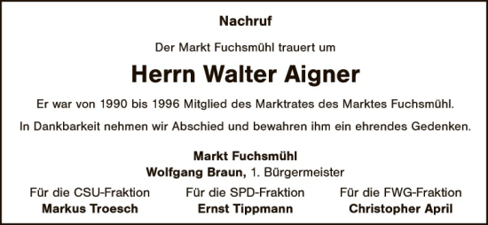Traueranzeige von Walter Aigner von Tirschenreuth