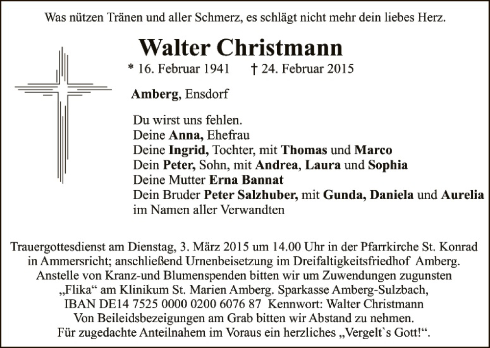  Traueranzeige für Walter Christmann vom 28.02.2015 aus Hauptausgabe Amberg