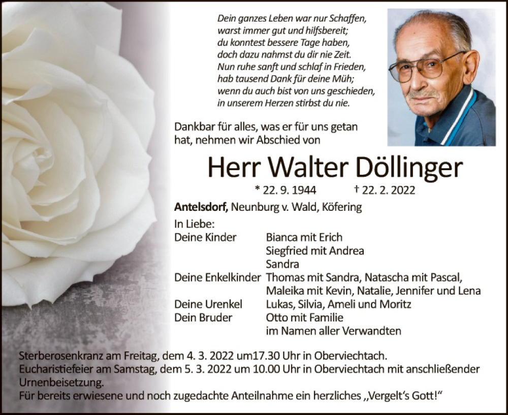  Traueranzeige für Walter Döllinger vom 02.03.2022 aus Landkreis Schwandorf