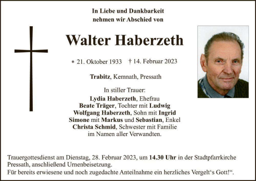  Traueranzeige für Walter Haberzeth vom 25.02.2023 aus Tirschenreuth + Eschenbach - Kemnath - Erbendorf