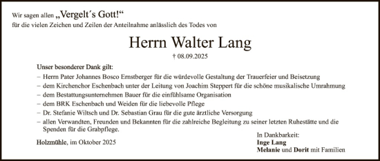 Traueranzeige von Walter Lang von Tirschenreuth + Eschenbach - Kemnath - Erbendorf