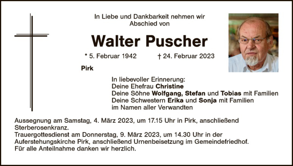  Traueranzeige für Walter Puscher vom 01.03.2023 aus Hauptausgabe Weiden