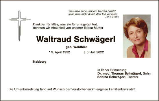 Traueranzeige von Waltraud Schwägerl von Landkreis Schwandorf